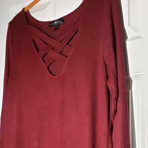 Women's Red V-Neck Lace-Up Sweater Dress